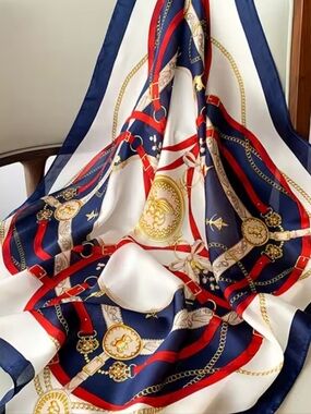 Navy, Red & White Chain Print Silk Scarf